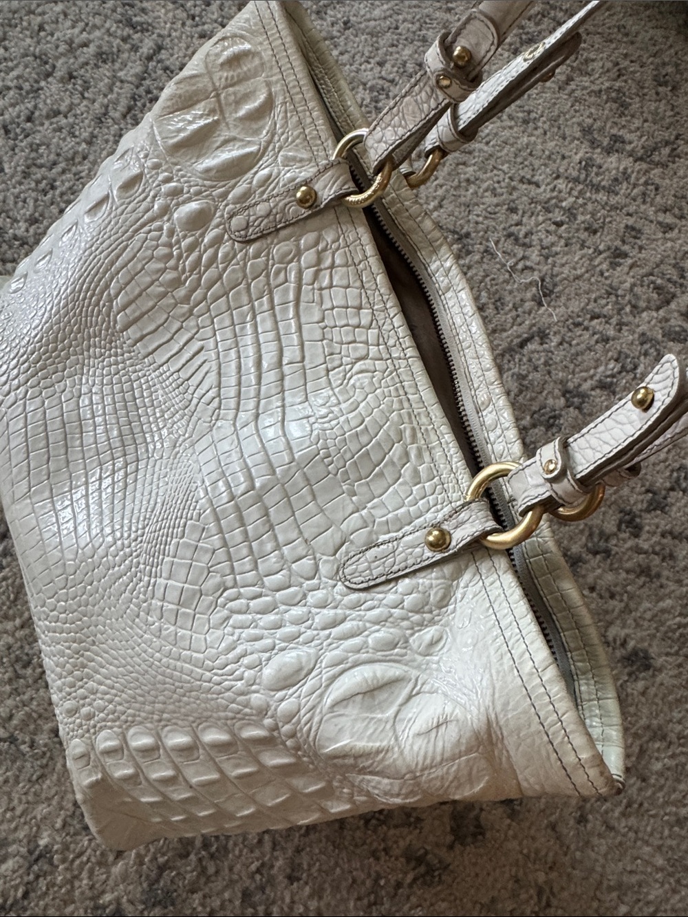 Brahmin Melbourne Croc Embossed Leather Tote Bag Linen Cream Gold - Picture 11 of 12